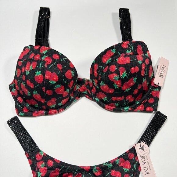 Victoria Secret 34A S SEXY TEE Push Up Bikini Top Bottom Set Shine Strap Cherry - Picture 4 of 10